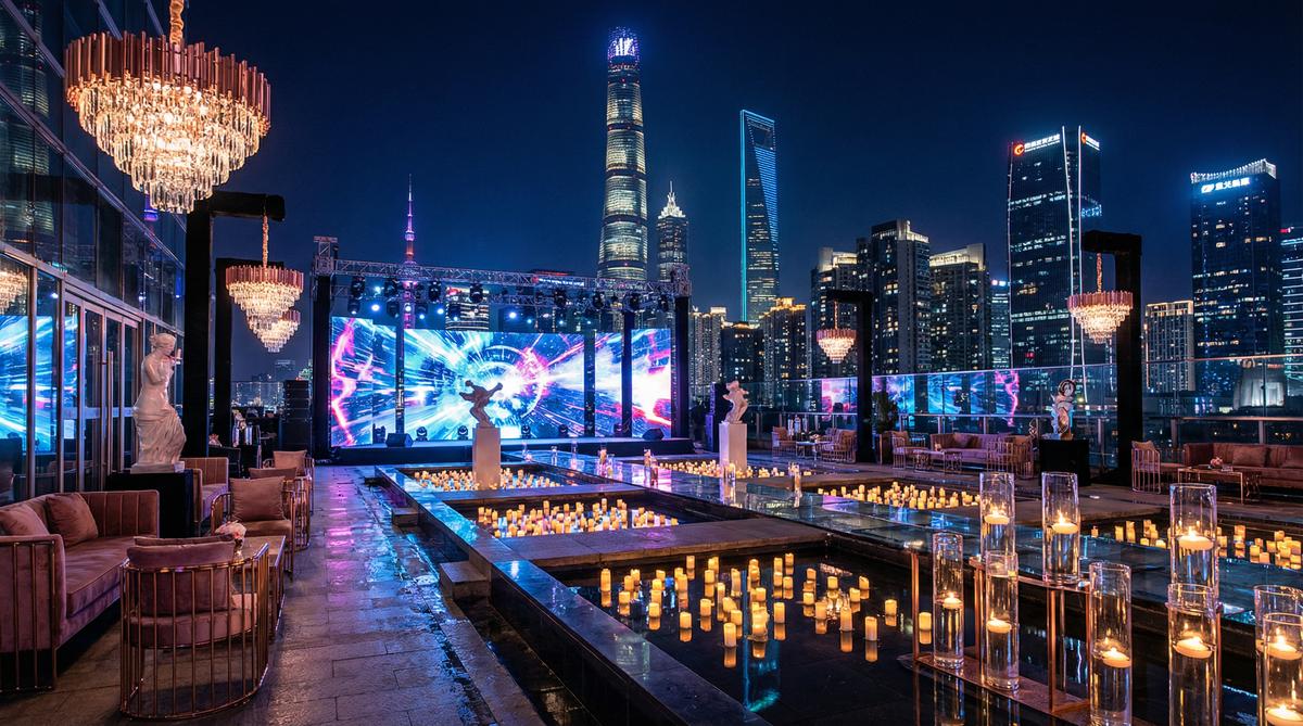 91传媒城市夜景航拍传媒顶层派对实录